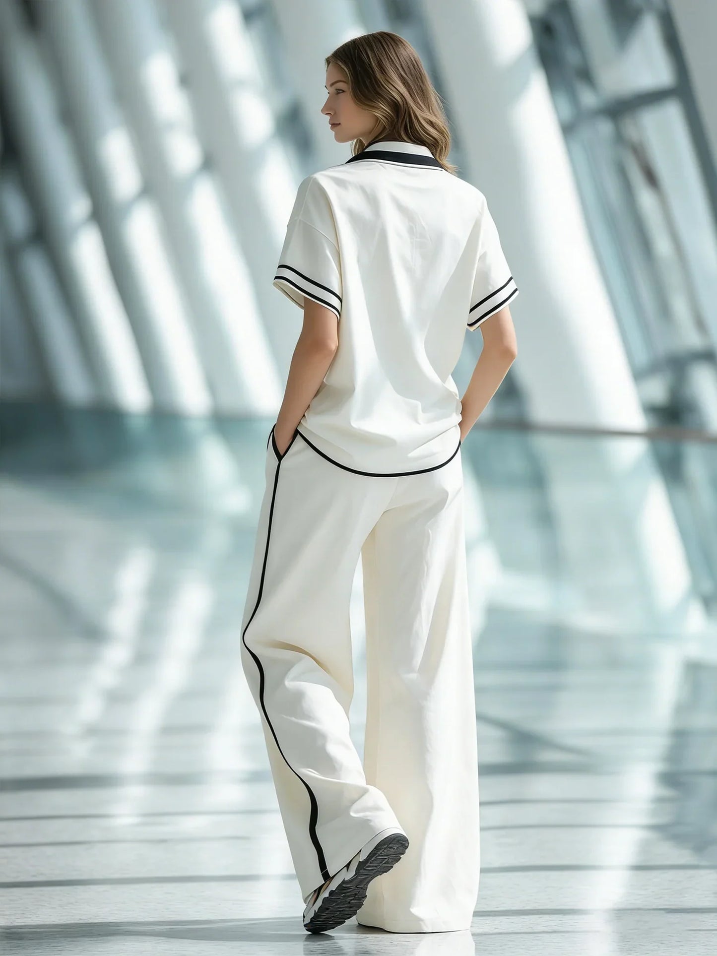 Women's Stylish Casual White Collared Short-sleeved Top And Trousers Set