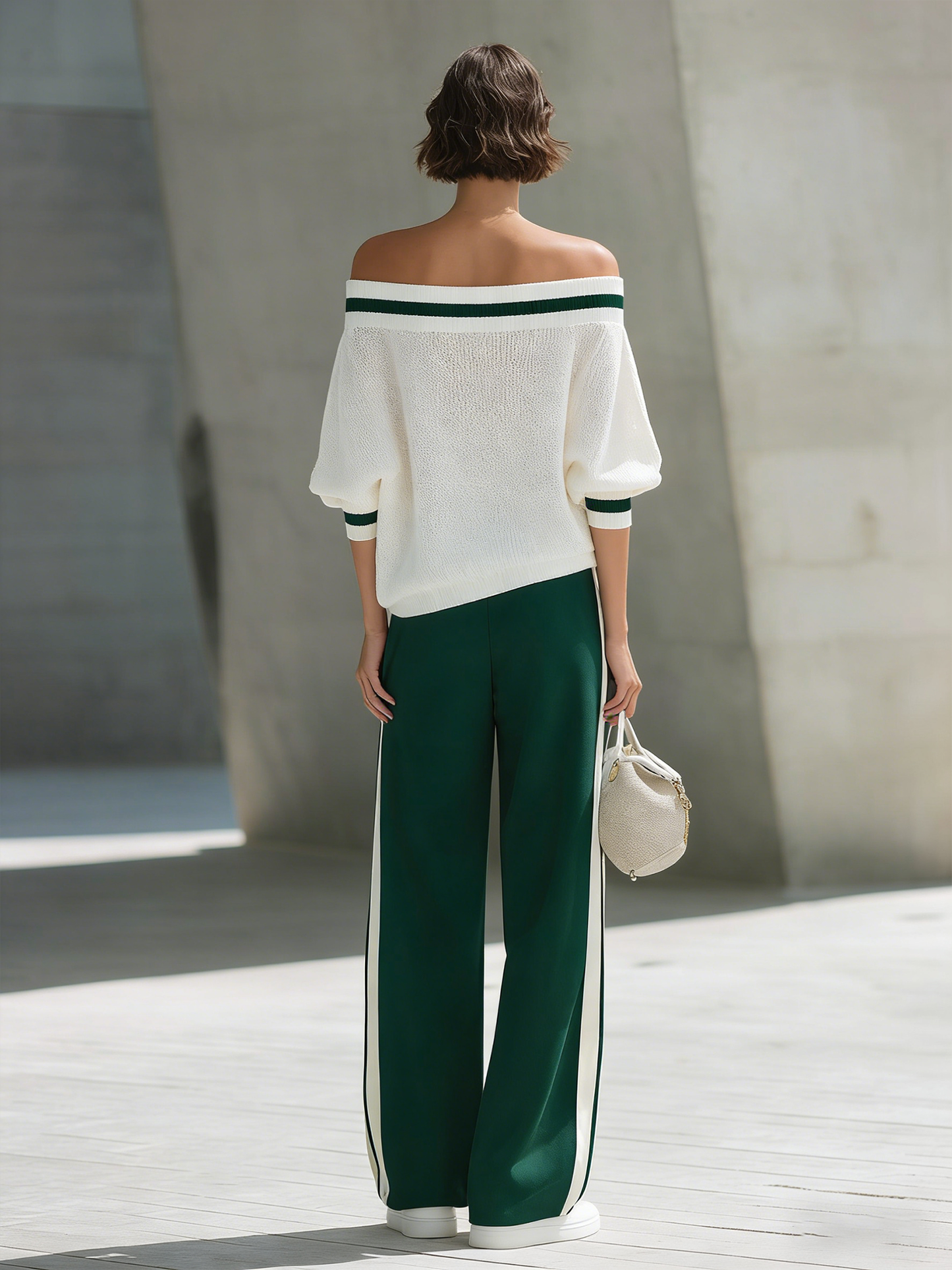 Women's Versatile Color-block Off-the-shoulder Knit Top And Wide-leg Pants Set