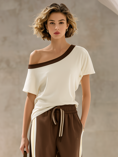 Women's Off-White Collared Off-Shoulder T-Shirt And Wide-Leg Pants Set