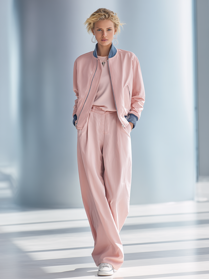 Women's fashionable casual pink patchwork jacket and wide-leg pants set