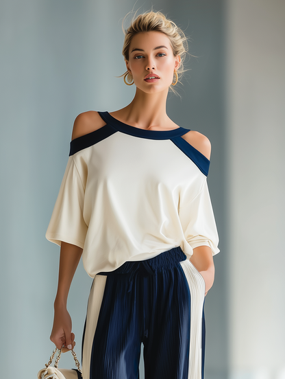 Women's Retro Relaxed-fit Color-block Off-the-shoulder Top And Ribbed Wide-leg Pants Set