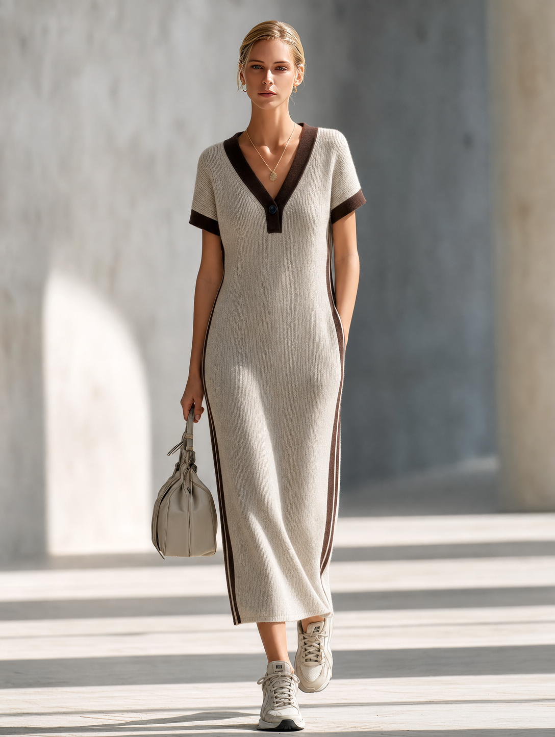 Oatmeal & Coffee Color-Block V-Neck Knit Midi Dress With Sleeves