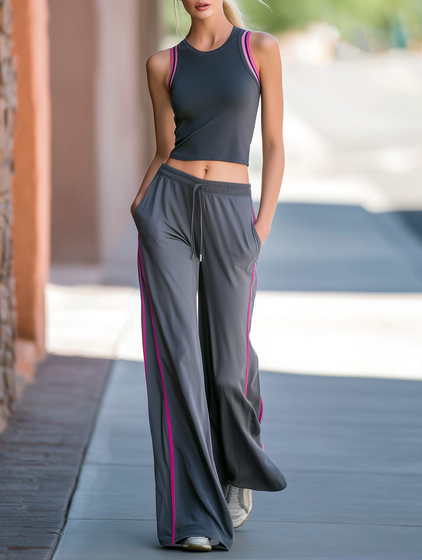 Dark Gray Color-Block Fitness Tank Top & Wide-Leg Pants Set