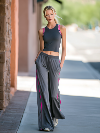 Dark Gray Color-Block Fitness Tank Top & Wide-Leg Pants Set