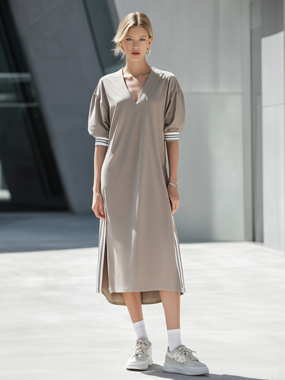 Khaki Midi Dress With Lantern Sleeves And Contrast Trim