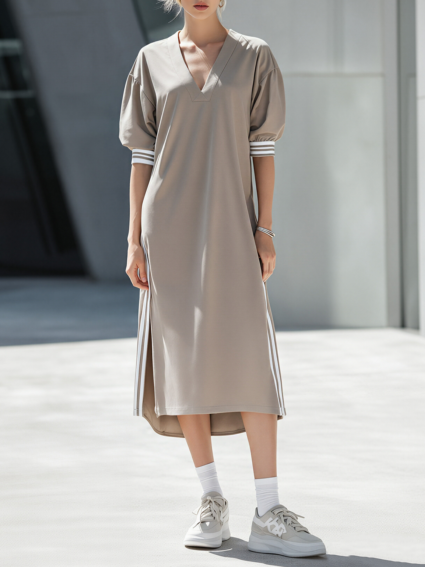 Khaki Midi Dress With Lantern Sleeves And Contrast Trim
