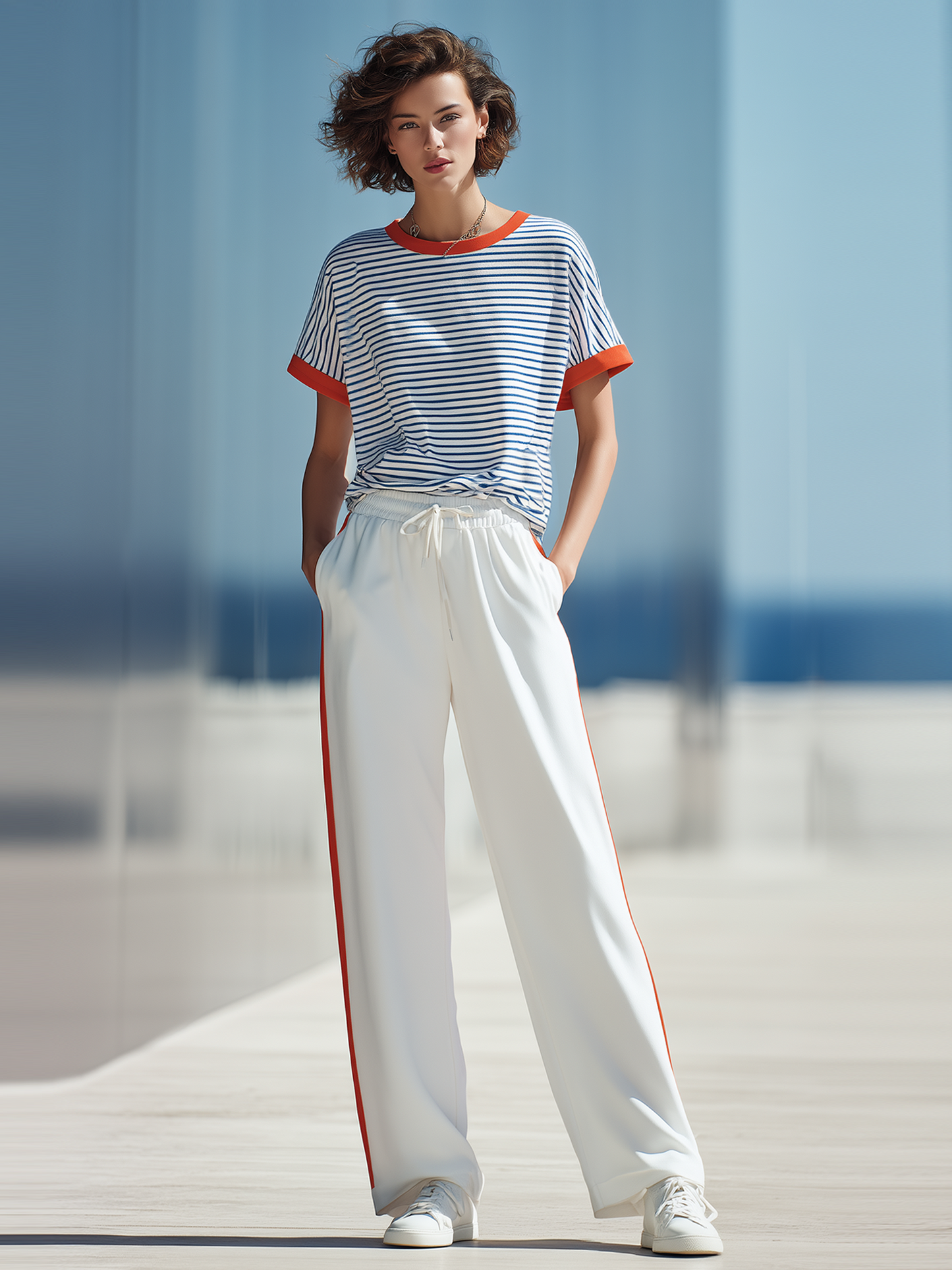 Color-block Striped T-shirt With Orange Piping And Side-stripe Wide-leg Pants Set