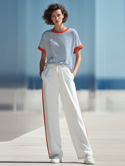 Color-block Striped T-shirt With Orange Piping And Side-stripe Wide-leg Pants Set