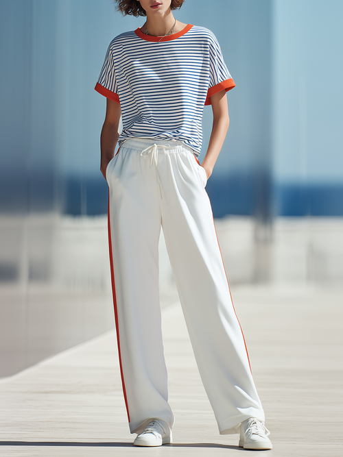 Color-block Striped T-shirt With Orange Piping And Side-stripe Wide-leg Pants Set