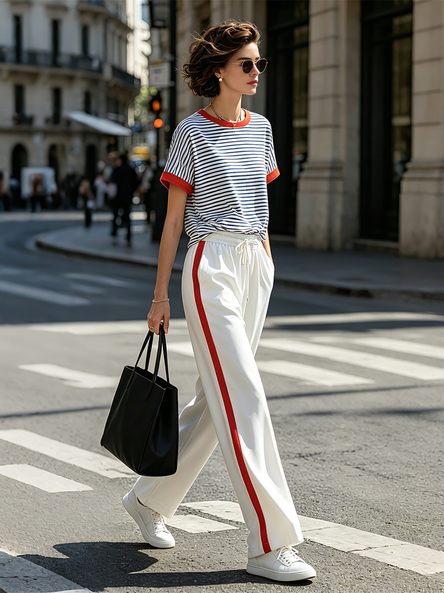 Color-block Striped T-shirt With Orange Piping And Side-stripe Wide-leg Pants Set