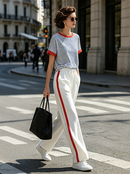 Color-block Striped T-shirt With Orange Piping And Side-stripe Wide-leg Pants Set