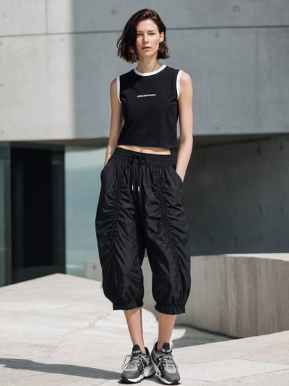 Black White Trim Sleeveless Crop Top & Ruched Cropped Jogger Pants Set