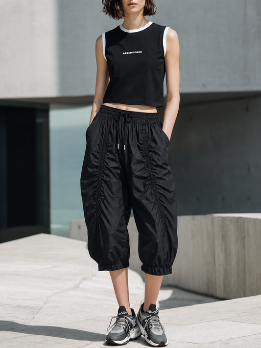 Black White Trim Sleeveless Crop Top & Ruched Cropped Jogger Pants Set