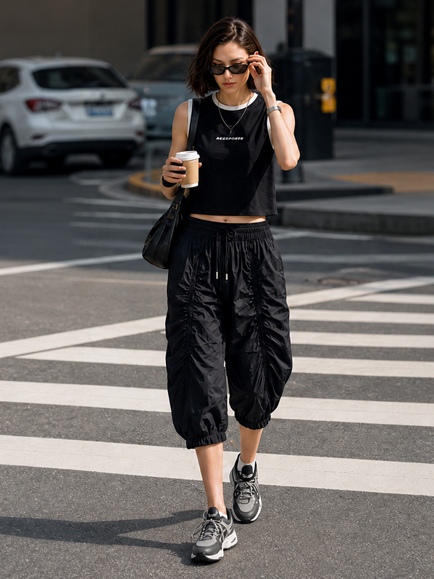 Black White Trim Sleeveless Crop Top & Ruched Cropped Jogger Pants Set