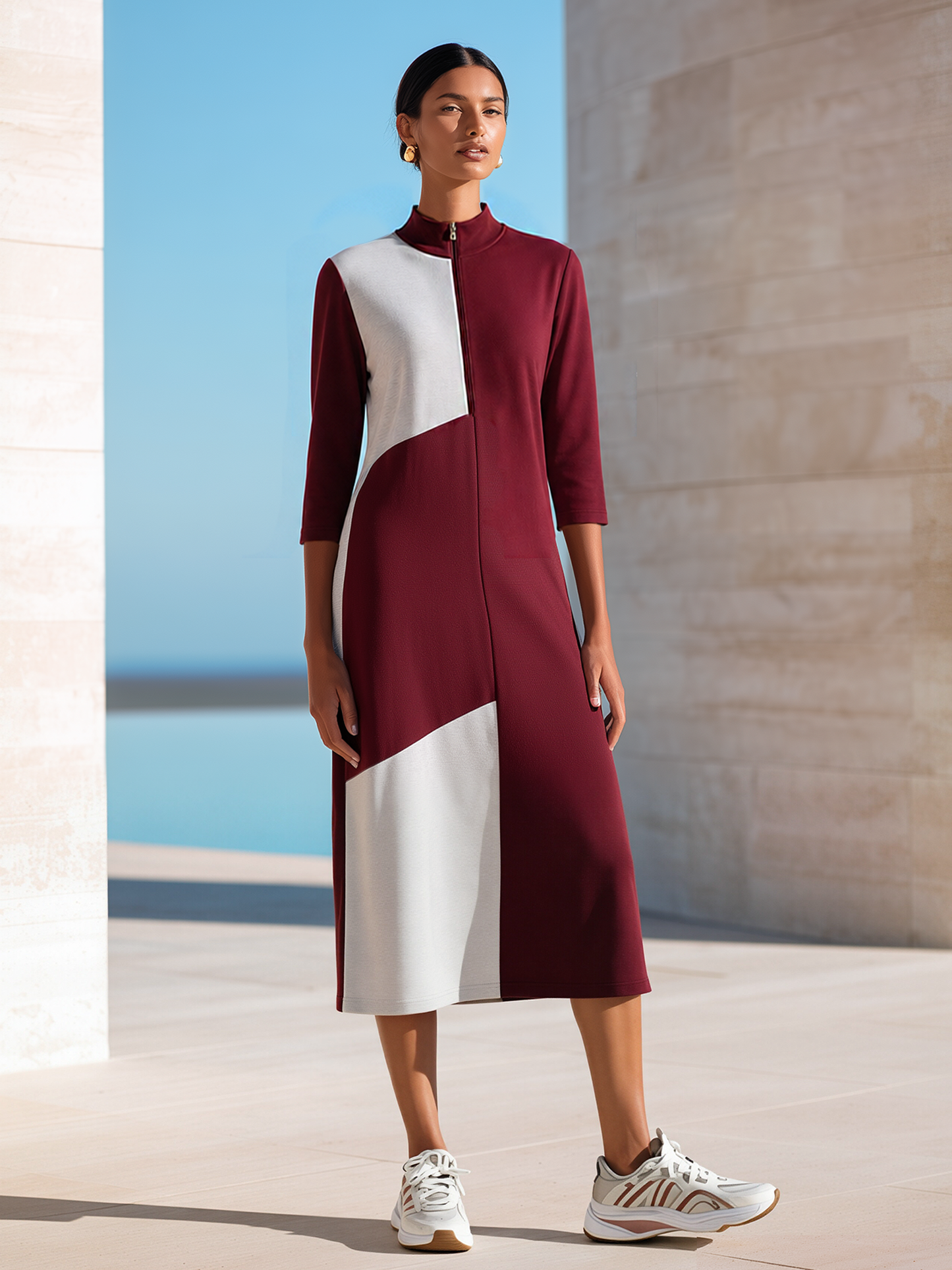 Burgundy White Geometric Color-Block Half-Zip Mock Neck Midi Dress