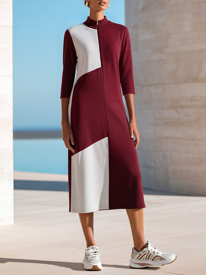 Burgundy White Geometric Color-Block Half-Zip Mock Neck Midi Dress