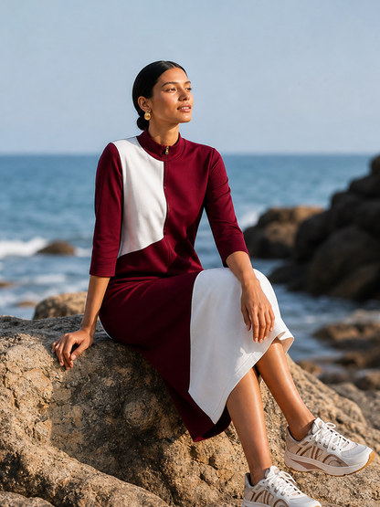 Burgundy White Geometric Color-Block Half-Zip Mock Neck Midi Dress