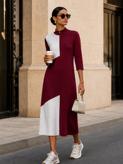 Burgundy White Geometric Color-Block Half-Zip Mock Neck Midi Dress