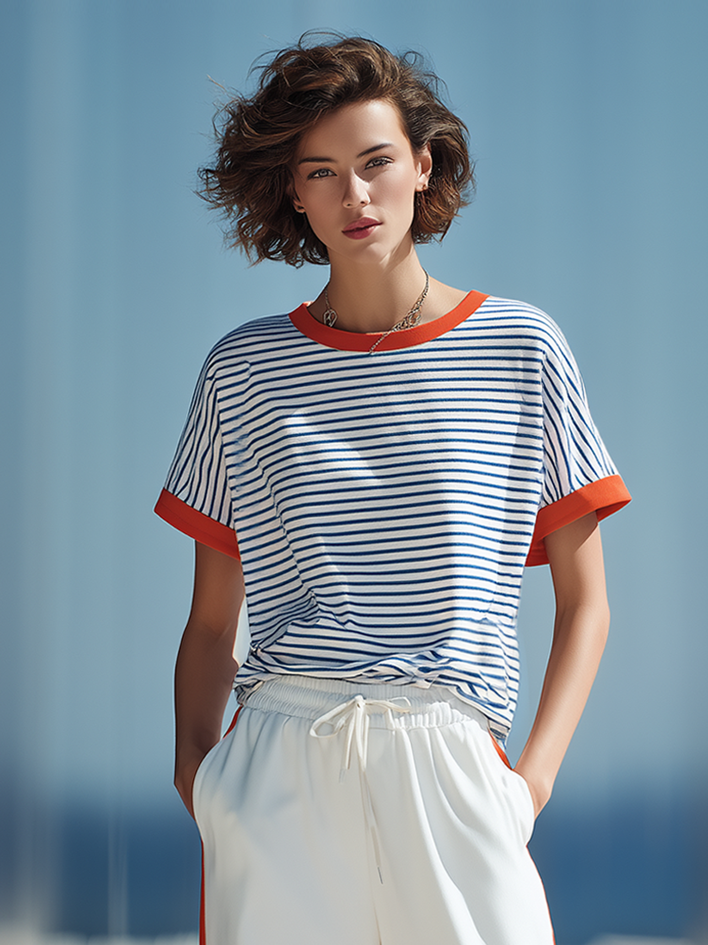 Color-block Striped T-shirt With Orange Piping And Side-stripe Wide-leg Pants Set