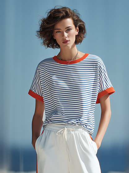 Color-block Striped T-shirt With Orange Piping And Side-stripe Wide-leg Pants Set