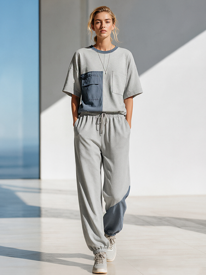 Light Grey Color-block Patch-pocket T-shirt And Joggers Set
