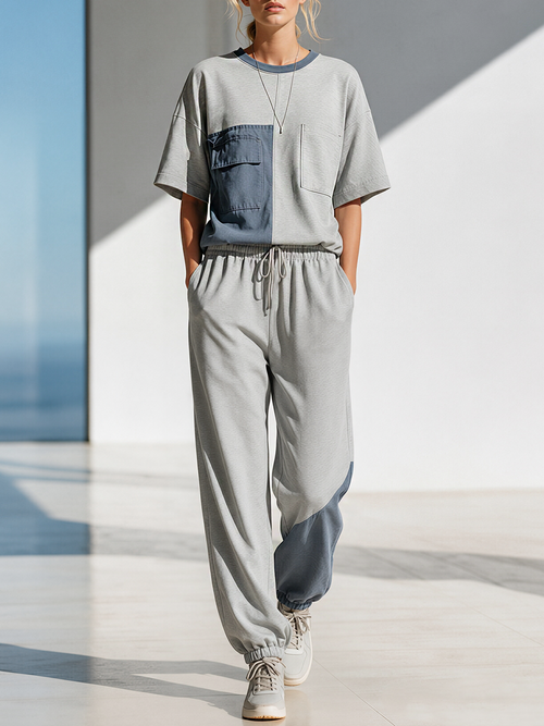Light Grey Color-block Patch-pocket T-shirt And Joggers Set