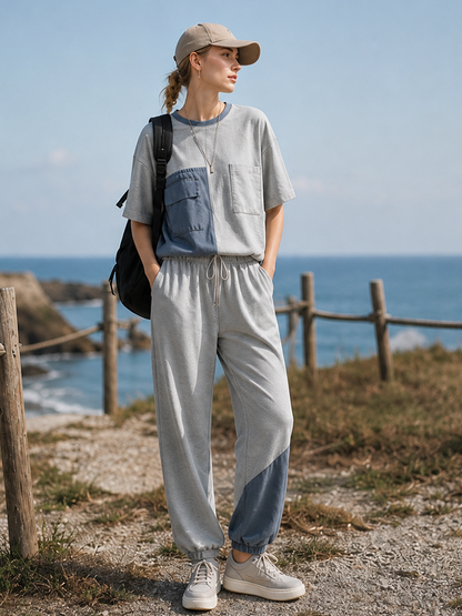 Light Grey Color-block Patch-pocket T-shirt And Joggers Set
