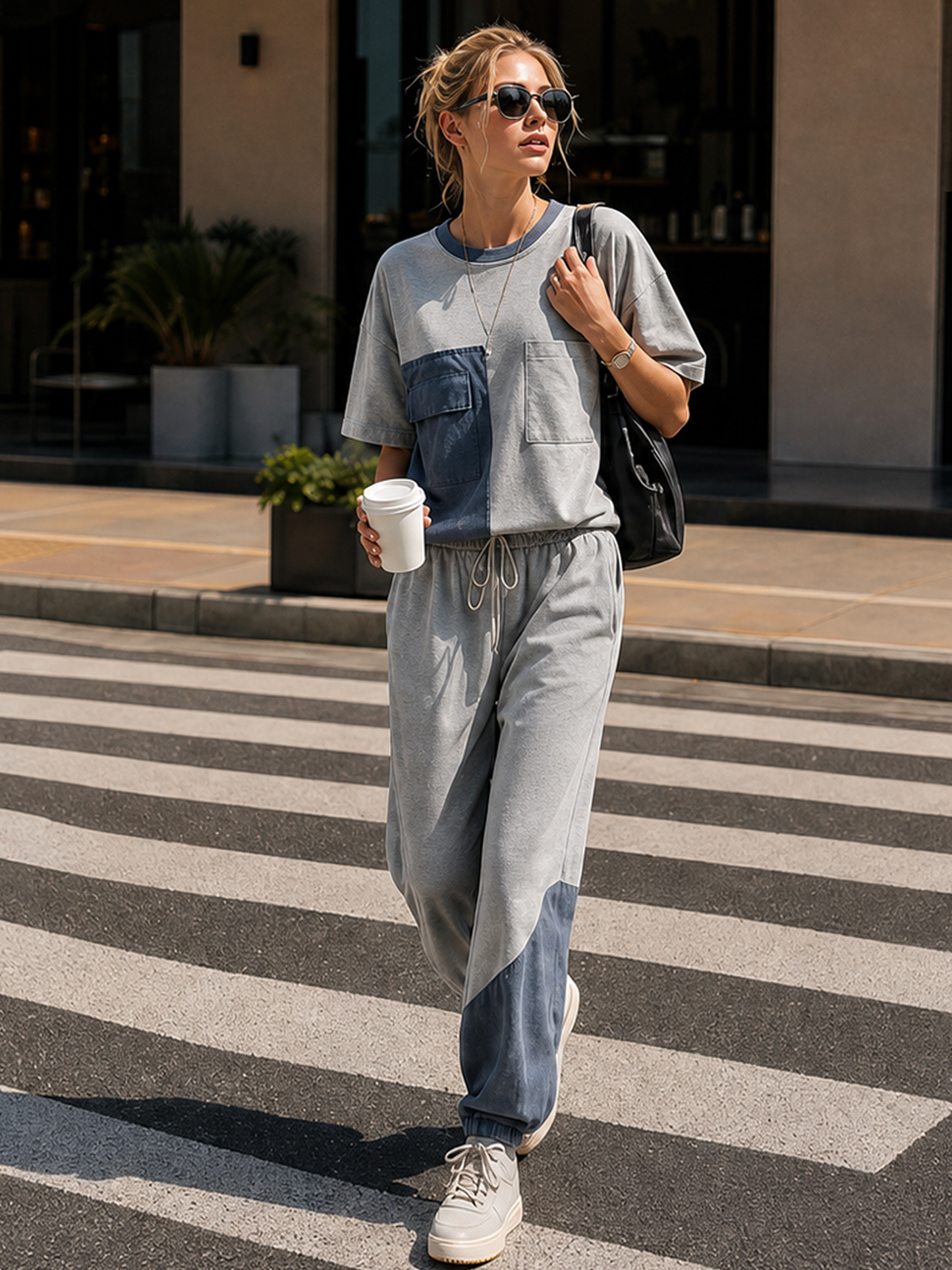 Light Grey Color-block Patch-pocket T-shirt And Joggers Set