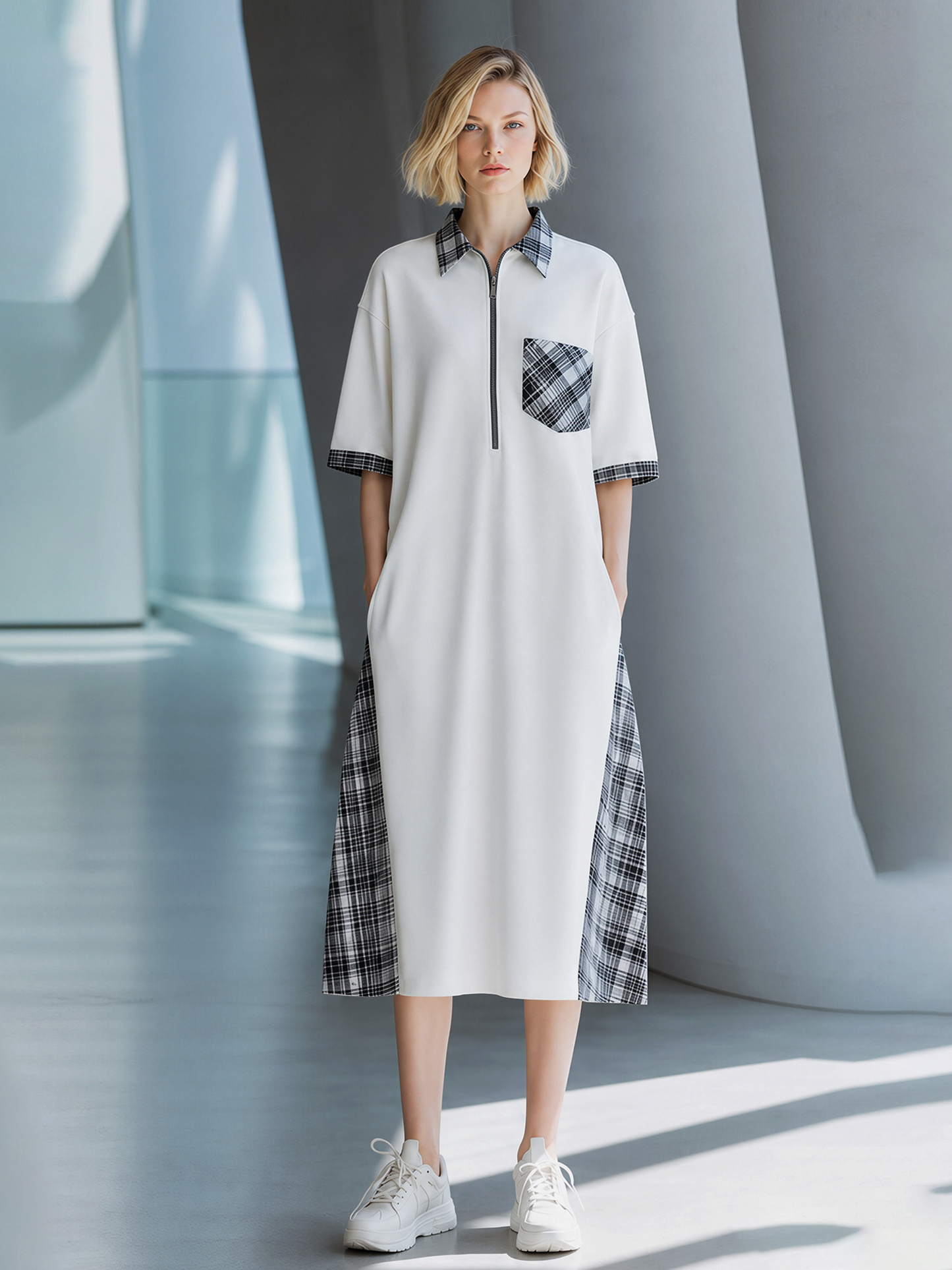 White Black Plaid Patchwork Half-Zip Polo Midi Dress