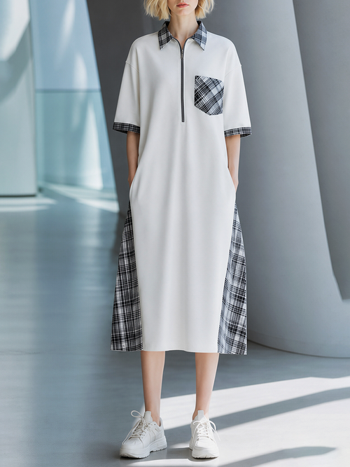 White Black Plaid Patchwork Half-Zip Polo Midi Dress