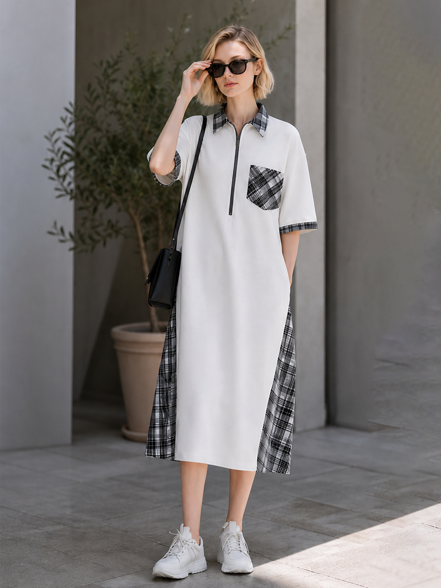 White Black Plaid Patchwork Half-Zip Polo Midi Dress