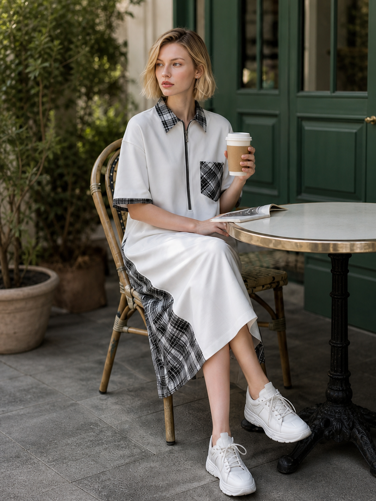 White Black Plaid Patchwork Half-Zip Polo Midi Dress