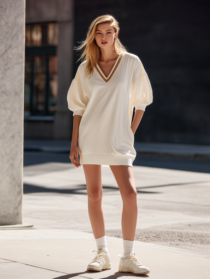 Off-white V-neck Loose-fit Mid-sleeve Sweatshirt Dress