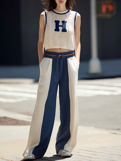 Cable-Knit Cutout Vest And Paneled Wide-Leg Pants Set