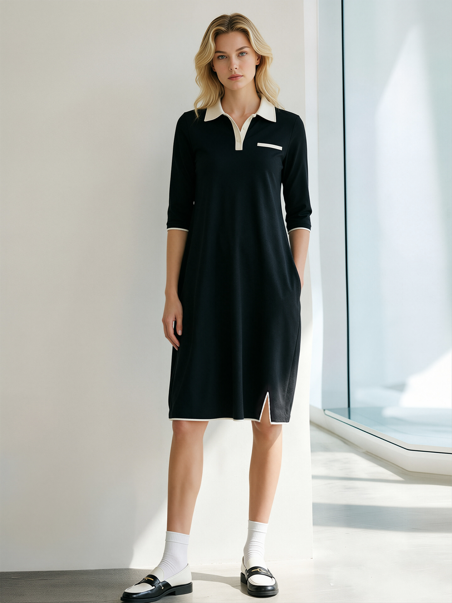 Black And White Color-block Midi Polo Dress With Three-quarter Sleeves
