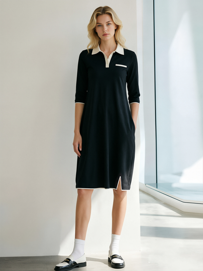 Black And White Color-block Midi Polo Dress With Three-quarter Sleeves