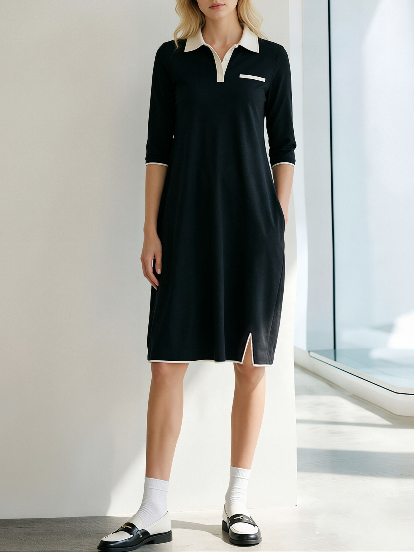 Black And White Color-block Midi Polo Dress With Three-quarter Sleeves