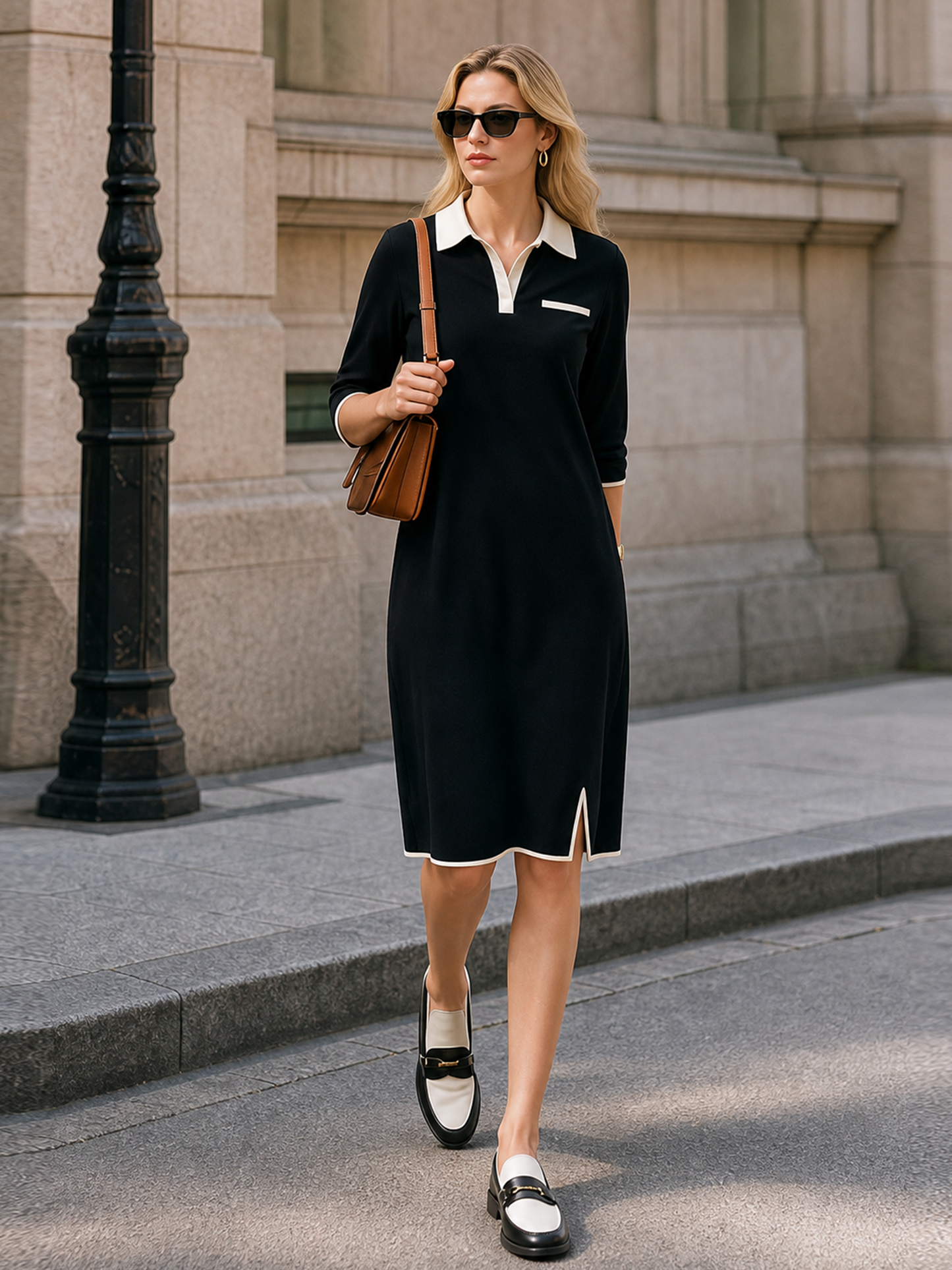 Black And White Color-block Midi Polo Dress With Three-quarter Sleeves