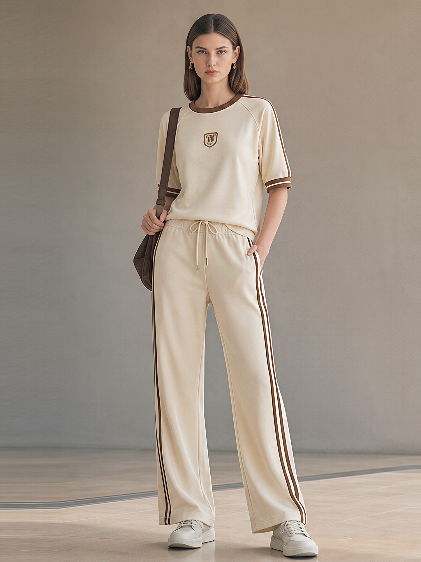 Beige Color-block Embroidered T-shirt And Side-stripe Wide-leg Pants Set