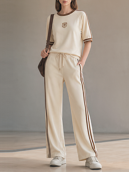 Beige Color-block Embroidered T-shirt And Side-stripe Wide-leg Pants Set