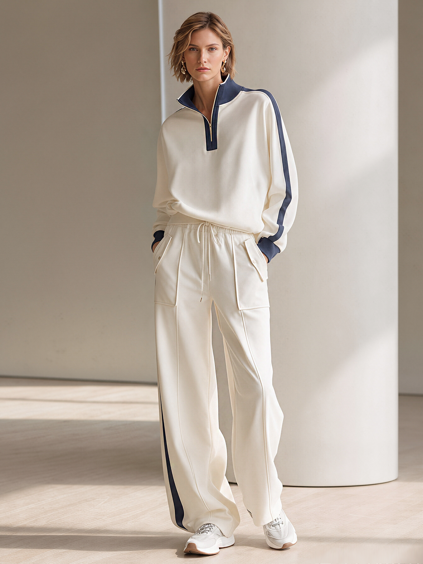 Off-white Half-zip Mock-neck Top And Wide-leg Pants Set With Contrasting Piping.