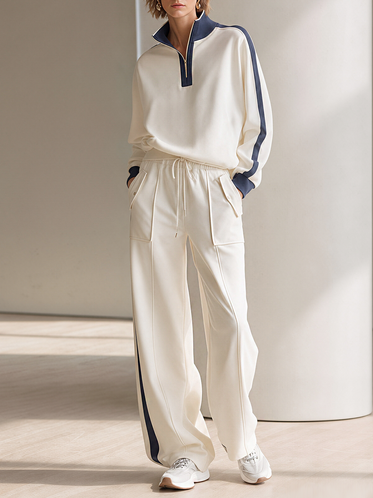 Off-white Half-zip Mock-neck Top And Wide-leg Pants Set With Contrasting Piping.
