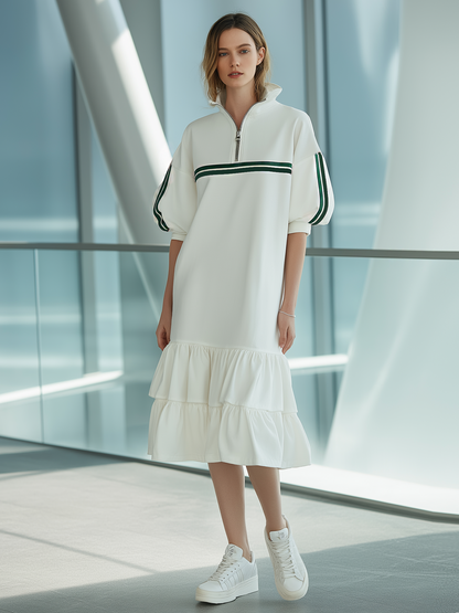 White Color-block Mid-length Dress With A Half-zip Stand Collar And Puff Sleeves