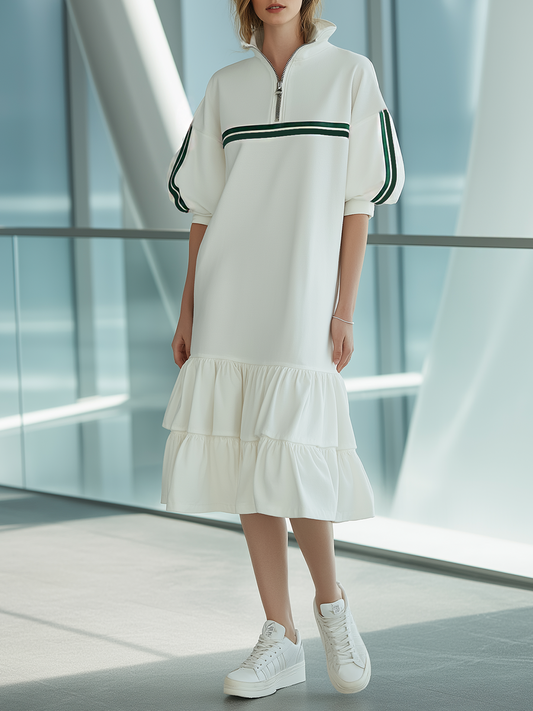 White Color-block Mid-length Dress With A Half-zip Stand Collar And Puff Sleeves