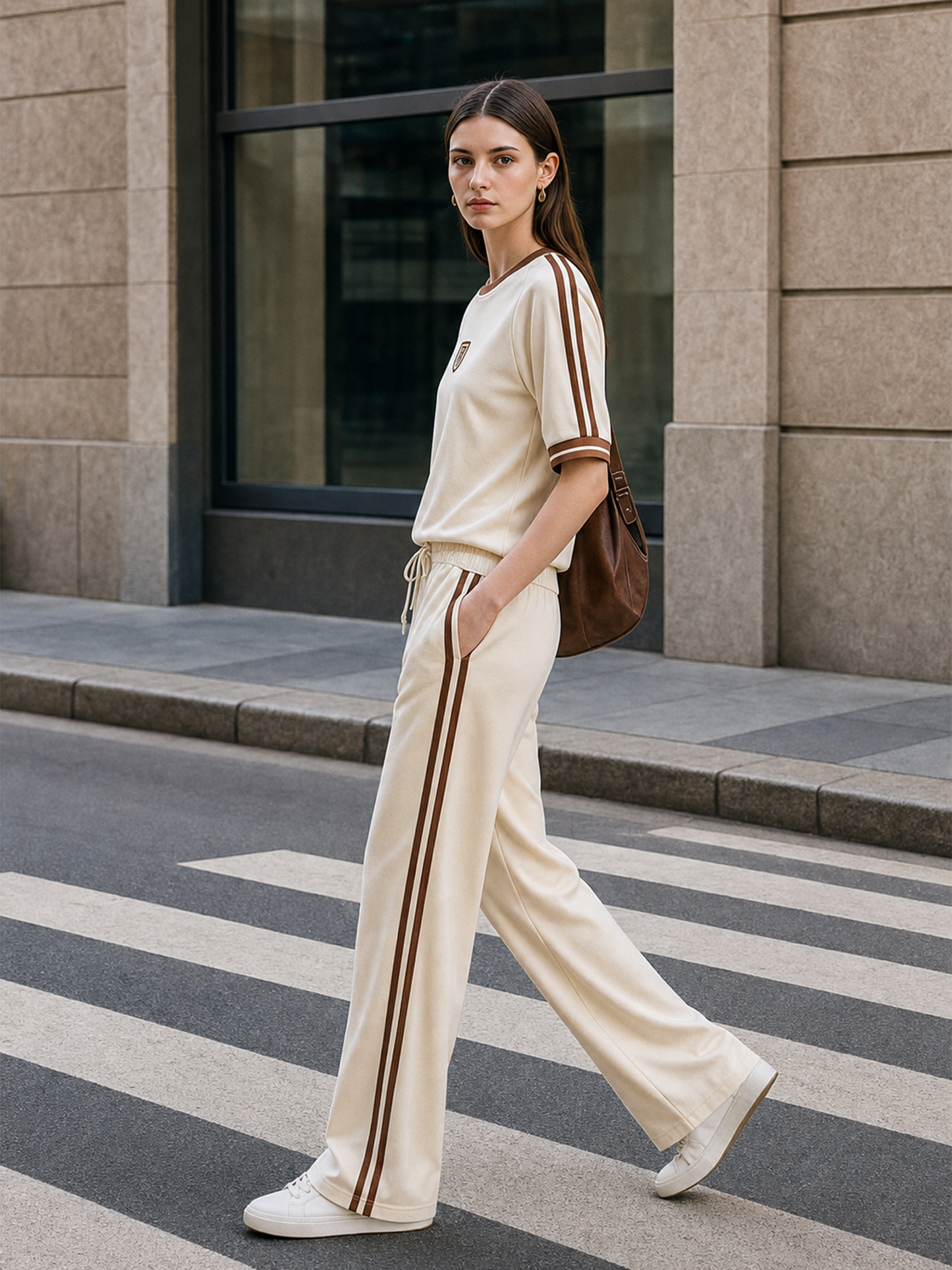 Beige Color-block Embroidered T-shirt And Side-stripe Wide-leg Pants Set