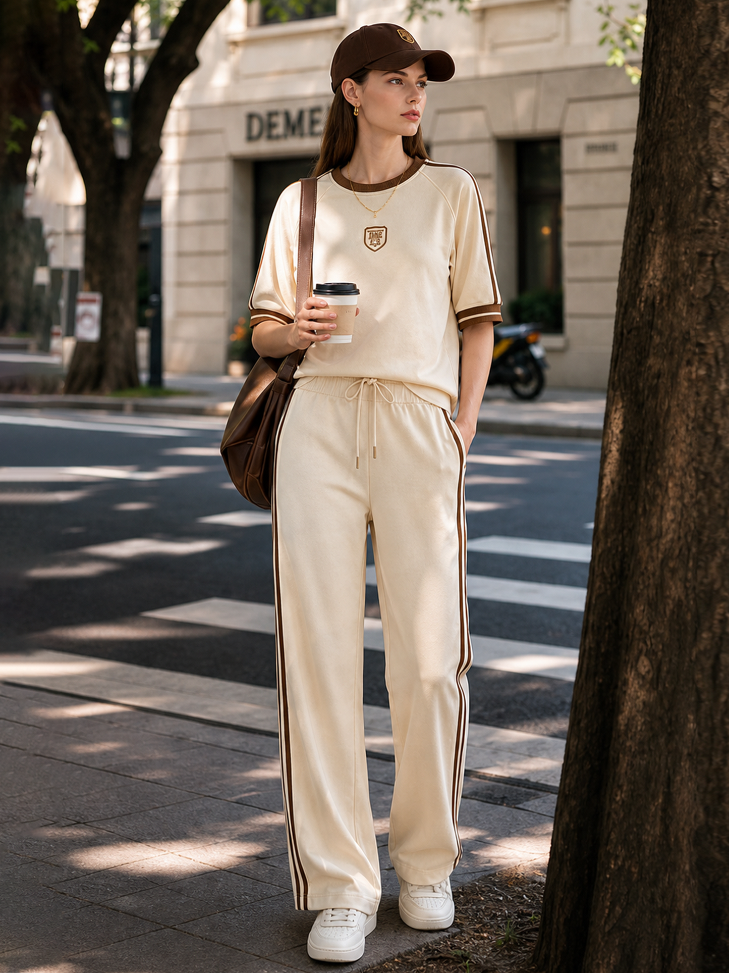 Beige Color-block Embroidered T-shirt And Side-stripe Wide-leg Pants Set