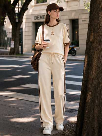 Beige Color-block Embroidered T-shirt And Side-stripe Wide-leg Pants Set
