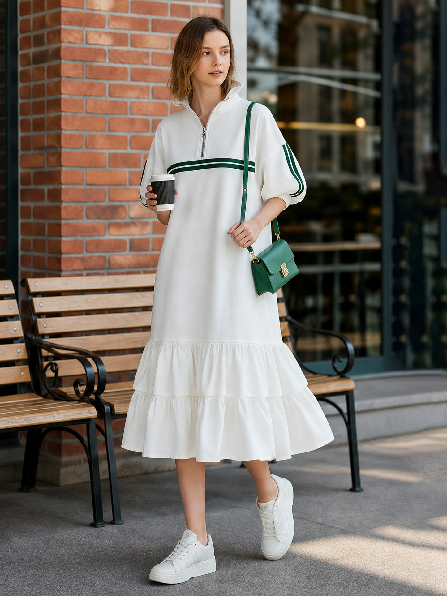 White Color-block Mid-length Dress With A Half-zip Stand Collar And Puff Sleeves