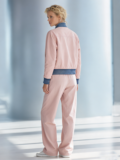 Women's fashionable casual pink patchwork jacket and wide-leg pants set