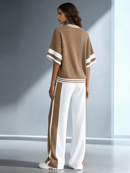 Women's Stylish Casual Brown Color-block Short-sleeved Knitted Top And Trousers Set
